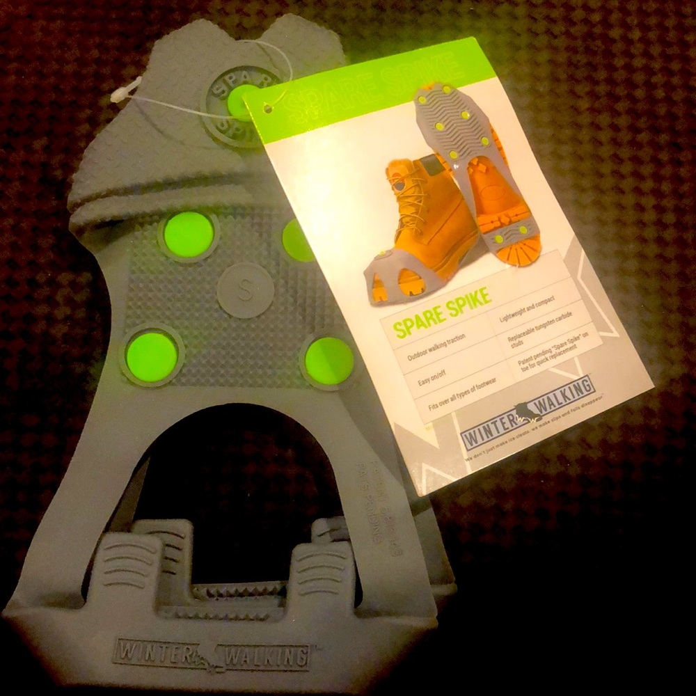 Spare spikes for your winter boots/shoes. Size S, gray with bright green dots.